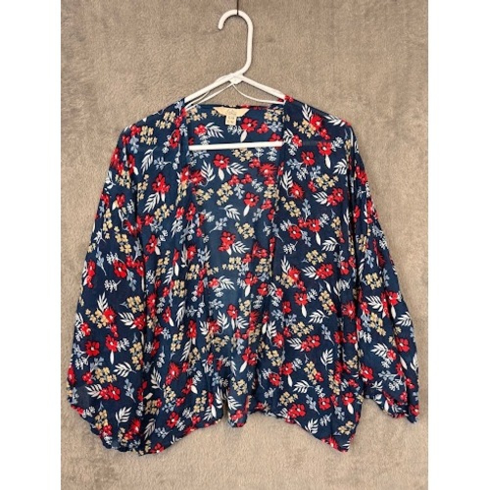 Bella by Becker Floral Kimono Cardigan Navy Blue Red S/M Open Front Boho Shrug
